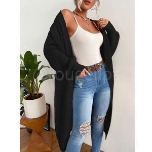 Black Duster Cardigan Front Pockets Cable Knit Long Sleeve Midi Length